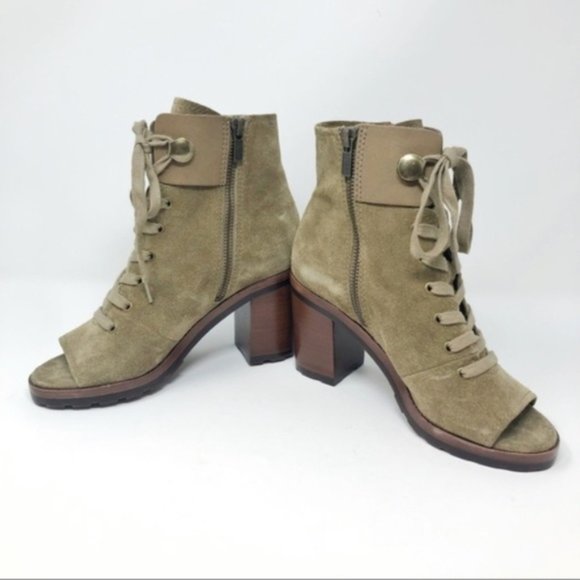 FRYE Booties Lace Up Combat Ankle Boots Heels Danica Peep Toe Olive Green New 6 - Picture 5 of 8